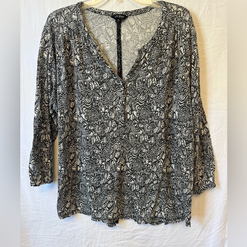 Lucky Brand Paisley Boho Peplum Top Black & Cream 1X